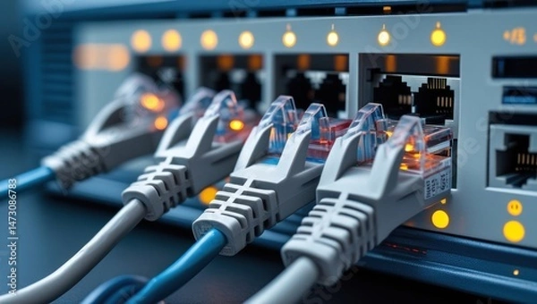 Fototapeta network computer Ethernet cables plugged into a network switch with blinking lights