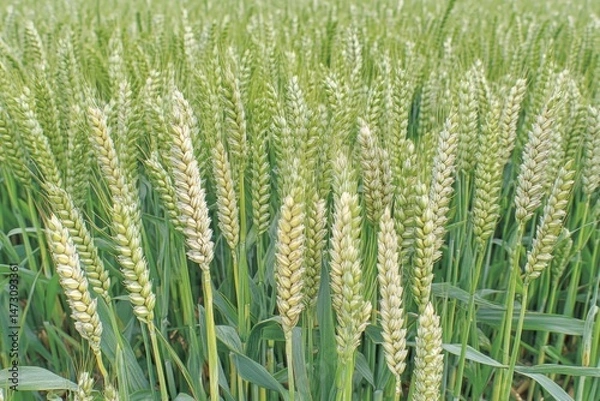 Fototapeta A vibrant green field of wheat with sunny skies. No people or animals are present in the image.