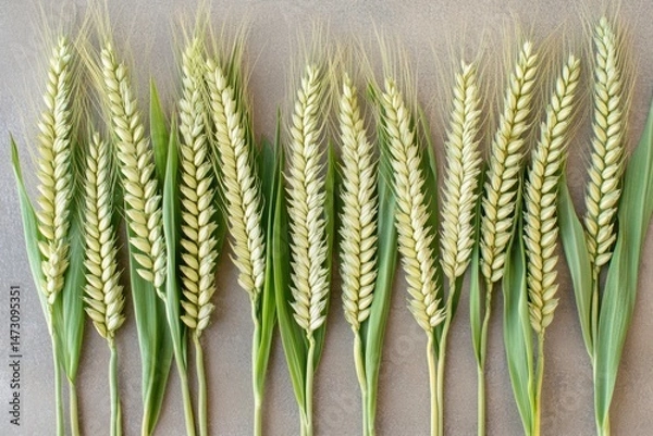 Fototapeta Aerial view of a lush green wheat field. The vibrant crop fills the frame in a beautiful display of agriculture.