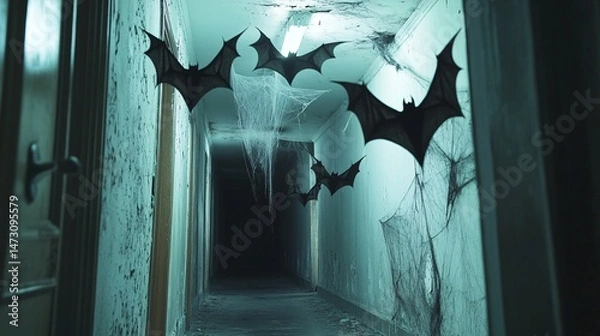 Obraz Spooky Hallway Decorated with Hanging Bats and Cobwebs for Halloween Atmosphere