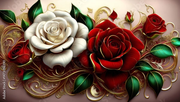 Obraz A decorative arrangement of red and white roses with intricate golden details.
