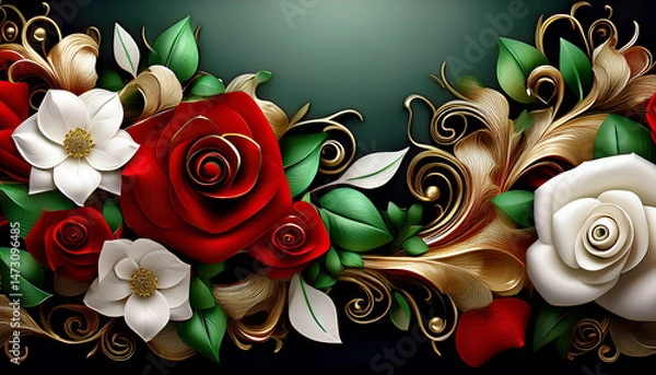 Obraz A decorative design featuring red and white roses with green leaves and golden accents.