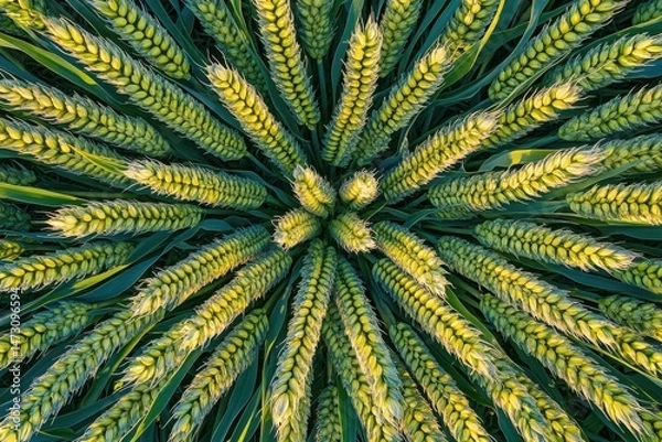 Fototapeta Aerial view of a lush green wheat field capturing the vibrant and flourishing crops.