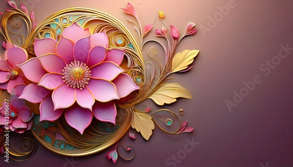 Obraz A decorative floral design featuring a large pink lotus and intricate golden details.