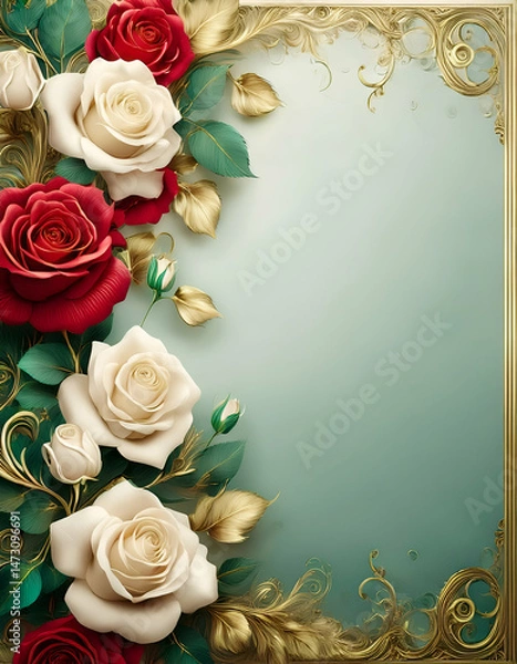 Obraz A decorative floral design featuring red and white roses with a gold border.