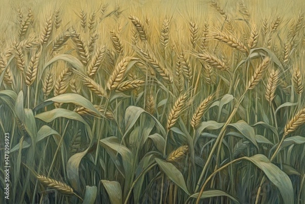 Fototapeta Aerial view of a lush green wheat field, vibrant colors and patterns fill the frame, capturing the essence of agriculture and nature.