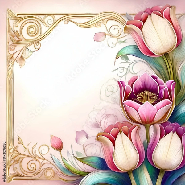 Obraz A decorative floral frame featuring colorful tulips against a soft pink background.