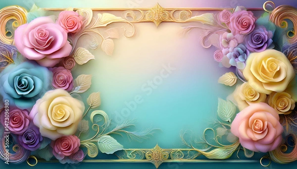 Obraz A decorative floral frame featuring pastel roses and leaves on a soft gradient background.
