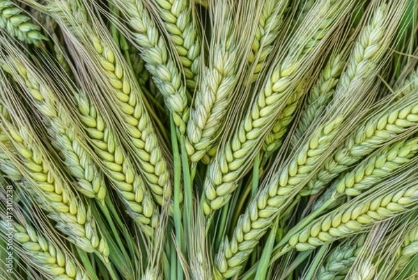 Fototapeta A visually striking image of a vast green wheat field under the sunlight, capturing the lush and vibrant quality of the landscape.