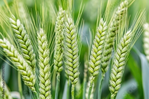 Fototapeta A vibrant green field of wheat, showcasing rows of healthy and flourishing cereal crops under the clear blue sky.
