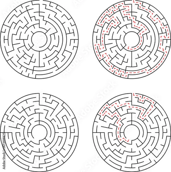 Fototapeta Four circular mazes two solved showing the solution path in red representing strategy and problem solving concepts
