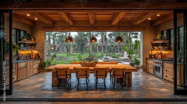 Fototapeta Open-plan, wooden-beamed dining area with garden views.