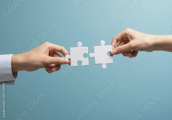 Fototapeta Hands connecting two white puzzle pieces on a blue background