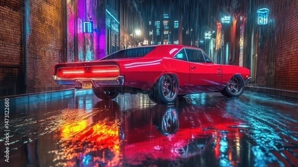 Fototapeta Red vintage car in night city reflection