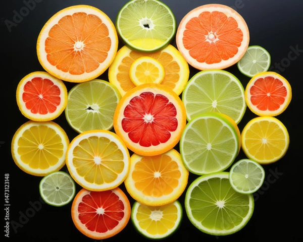 Fototapeta Bright orange, lemon, and lime wheel slices for cocktail on transparent background

