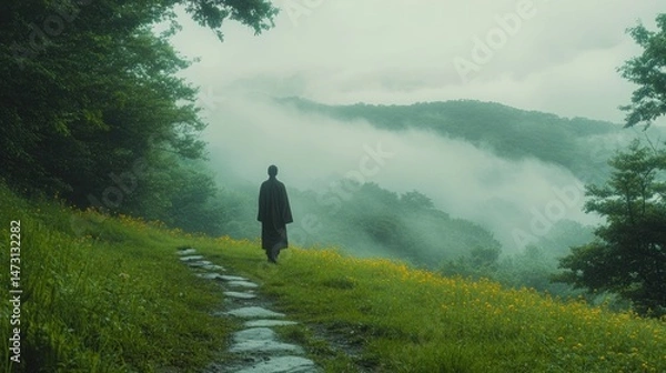 Fototapeta Misty mountain path with a figure walking.