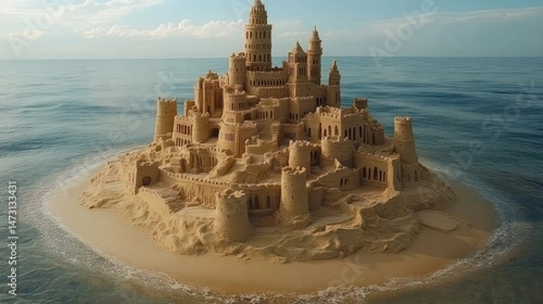 Fototapeta Massive sandcastle structure on an island in the ocean.