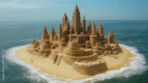 Fototapeta Massive sandcastle city structure on an island in the ocean.