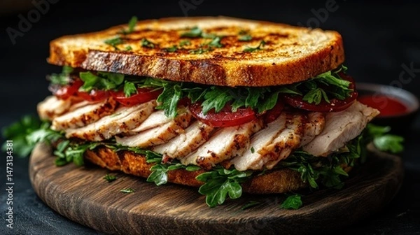 Fototapeta Grilled chicken sandwich with toasted bread and salad.