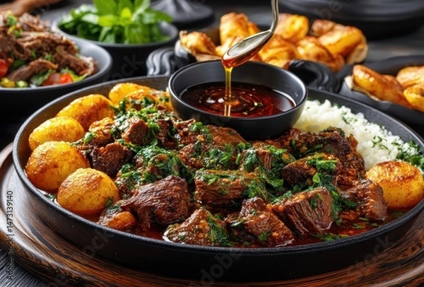 Fototapeta Flavorful Beef Stew with Herbs and Spices on a Black Platter Alongside Golden Potatoes, Rice, and Garnishes in a Rustic Setting