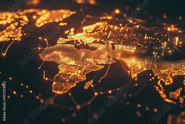 Fototapeta World map illustrating expanding cryptocurrency adoption with glowing connections between major cities against a dark backdrop