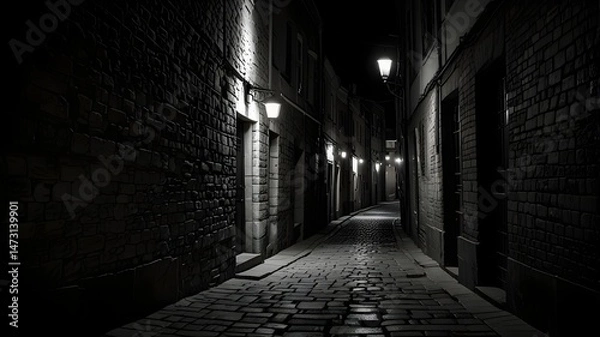 Obraz Dark alleyway with a brick wall and a light on the wall. There are several doors on the wall