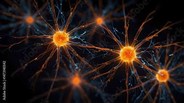 Obraz Group of orange and blue neurons. The orange ones are larger than the blue ones