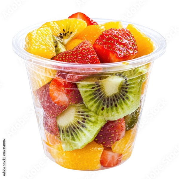 Obraz Fresh fruit salad in cup close up on white background on transparent background