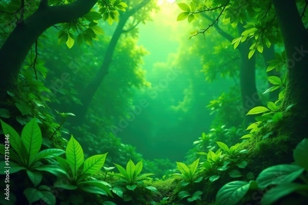 Fototapeta Lush green jungle foliage, vibrant leaves and dense undergrowth , plants, wilderness, branches