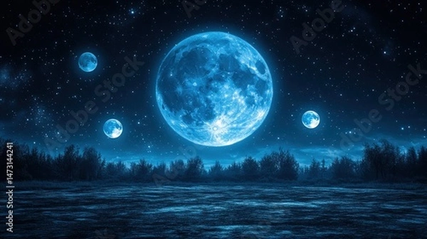 Obraz Vast,  blue moons illuminate a night forest.