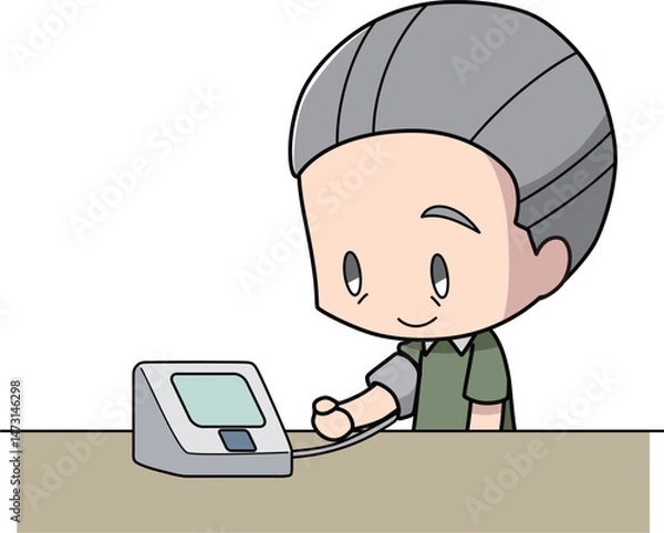 Fototapeta 上腕式カフの血圧計で血圧を測る高齢男性のイラスト