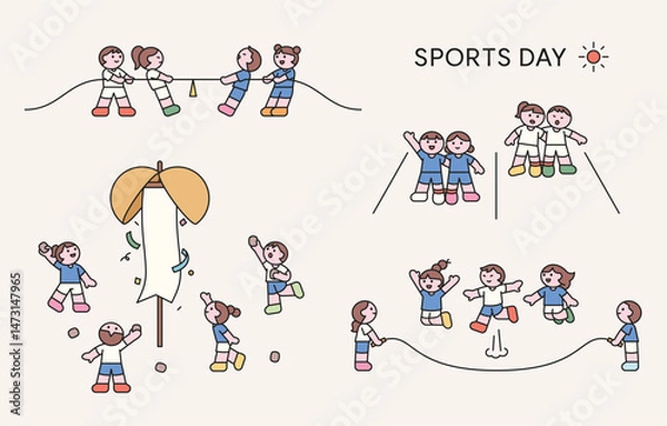 Obraz Children playing tug-of-war, beanbag toss, and group jump rope during school sports day. Flat cartoon kids activity illustration.