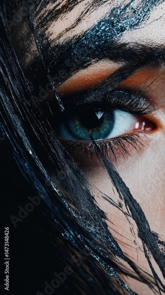 Fototapeta Artistic expression of smudged eyeliner strokes reveals captivating beauty against a dark moody backdrop