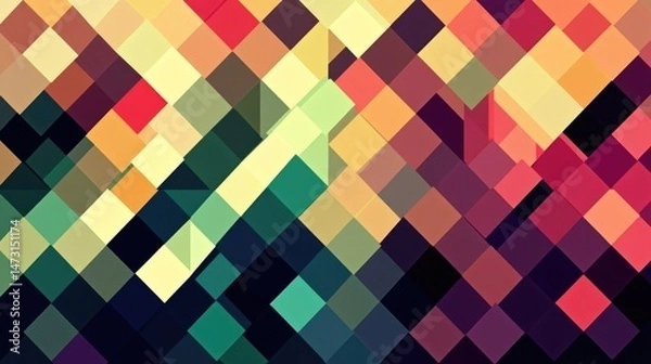 Obraz An abstract design featuring repeating geometric shapes like triangles and squares in vibrant, contrasting hues, forming a playful pattern