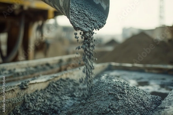 Obraz Construction site with concrete pouring from a chute into a mold, workers in background
