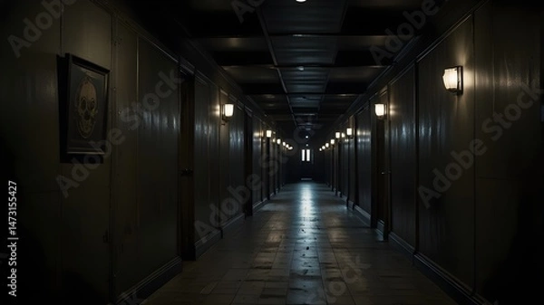 Obraz Long hallway with a skull on the wall. There are no people in the hallway. The hallway is dark and empty