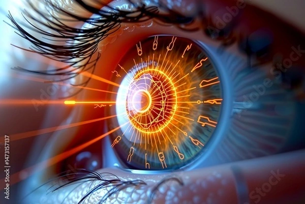 Obraz "An AR eye anatomy breakdown, iris projecting a laser grid while optic nerve data streams into a holographic ui, cybernetic ophthalmology lab, shot on a 100mm f/2
