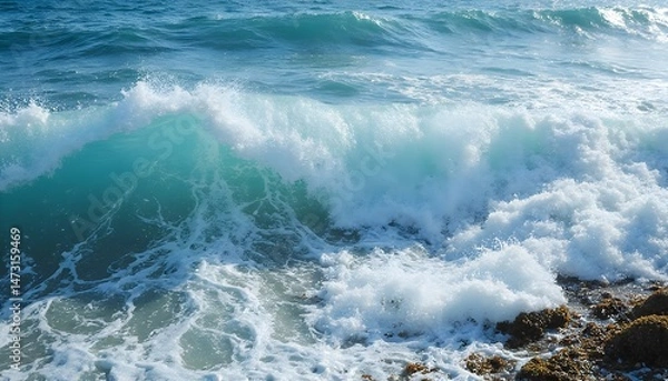 Fototapeta Coastal blue waves with foam, front view, low angle