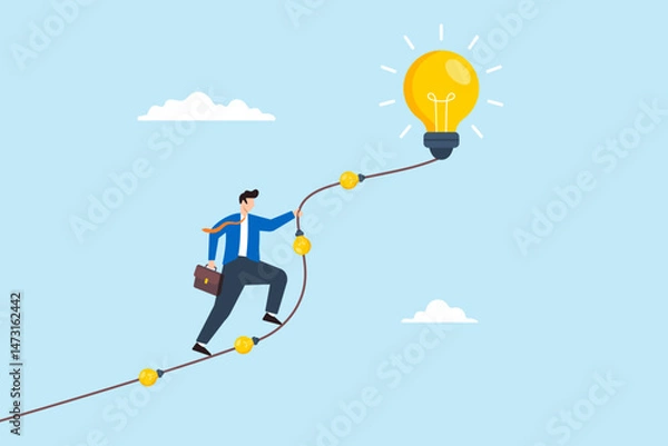 Fototapeta Flat illustration of businessman climbing rope made of glowing lightbulbs toward big solution peak representing expert-driven progress and inspirational success