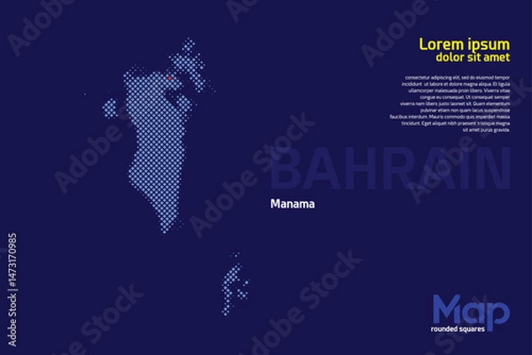 Obraz Map of Bahrain featuring rounded squares with light blue color. The location of the capital marked with a red square. Isolated on a dark blue background. Perfect for various design projects