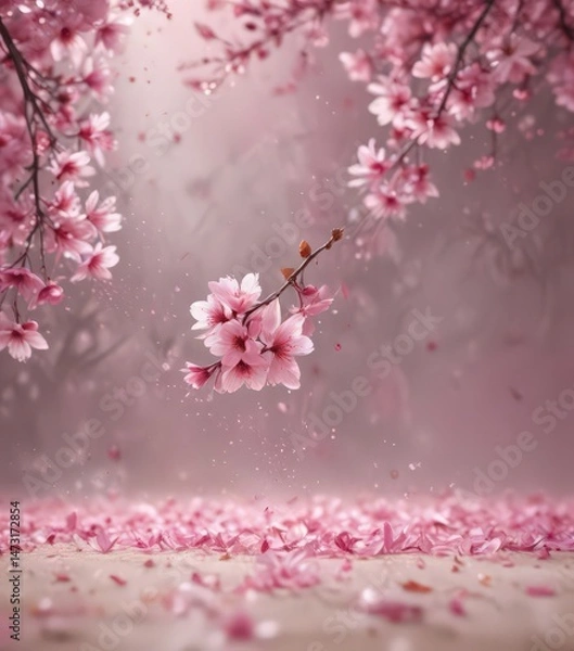 Fototapeta Abstract pink sakura petals gently falling on a dreamy, blurred background ,  vibrant,  tranquility