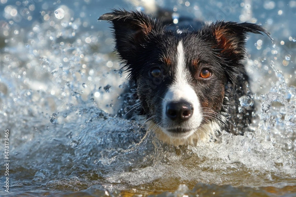 Fototapeta A border collie dog emerges from the water, its fur wet and glistening, eyes focused, creating a splash of water droplets around it. : Generative AI