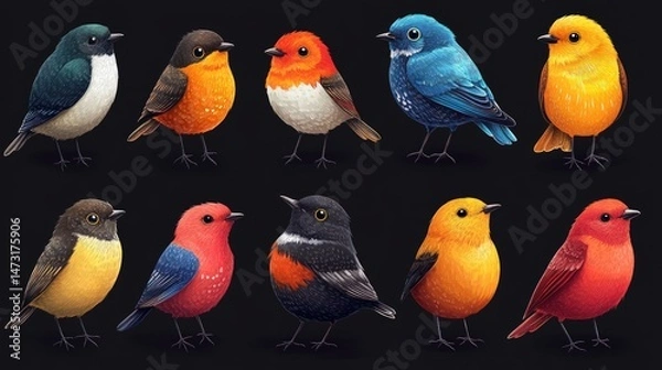 Fototapeta Colorful bird illustrations, various species, vibrant plumage, detailed design, and different poses