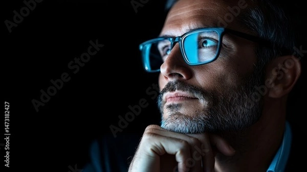 Fototapeta Ambitious Future CEO Engaged in Deep Thinking with Tech Lights Illuminating Face, Copy Space Available for Text
