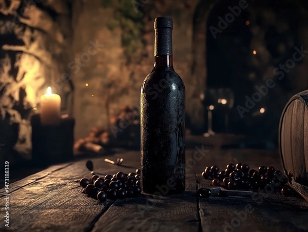 Obraz Wine bottle and grapes on wooden table