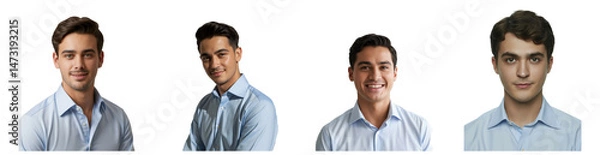 Fototapeta Diverse group of attractive men wearing light blue shirts smile on transparent background