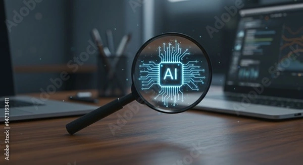 Fototapeta Magnifying Glass with AI Symbol and Circuit Board in Tech Workspace Representing Intelligent Search and Digital Innovation