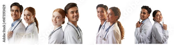 Fototapeta Diverse teams of smiling doctors and nurses wearing lab coats stand back to back on transparent background