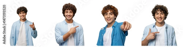 Fototapeta Diverse young men smiling and pointing in various directions are featured on transparent background