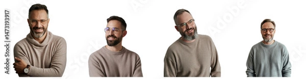 Fototapeta Four Caucasian men with beards and glasses smiling in casual wear on transparent background
